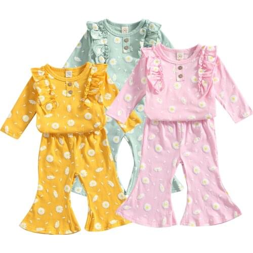 Infant Baby Girls Two-piece Clothes Set, Floral Printed Pattern Long Sleeve Romper and Flared Pants