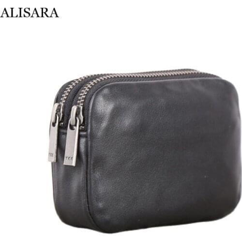 Alisara Double Zipper Coin Purses Ladies First Layer Leather High Quality Clutch Bag Men Casual Credit Card Wallets Coin Pouch
