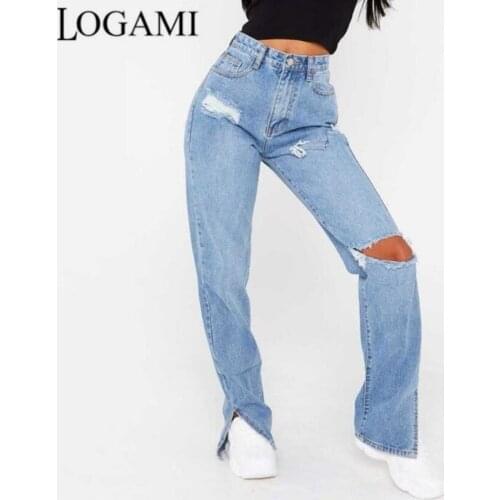 LOGAMI High-waisted Slim Straight Jeans for Women Hole Leg Split Micro Flared Denim Trousers Ripped Jeans