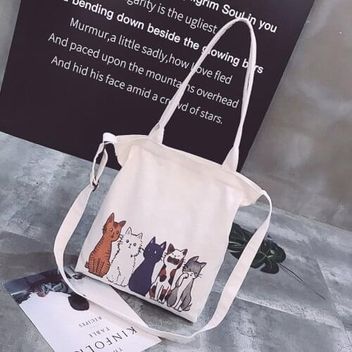 PGOLEGGY Fashion Cute cat canvas bag ladies shopping bag print white messenger bag girl handbag