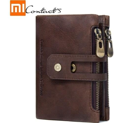 Xiaomi Mens wallet double zipper buckle Leather retro crazy horse cowhide Casual coin purse card holder