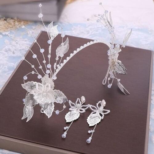 Korean Sweet Hairband Earrings Set Bride Tiara Sliver Flower Leaves Shape Bead Crown Ear Stud Kit Women Hair Accessories LB