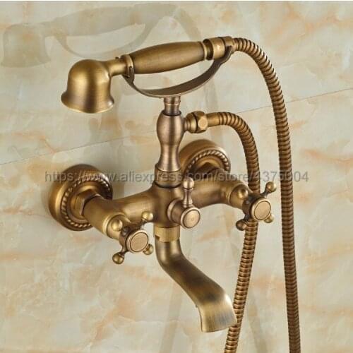 Wall Mount Antique Brass Bathtub Bathroom Faucet Telephone Style Mixer Faucet Tap with Dual Handle Handshower Ntf351