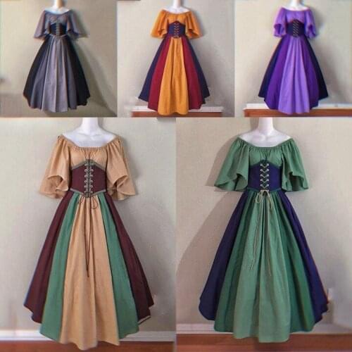 Middles Ages Palace Vintage Style Loose Sleeve One Shoulder High Waist Bow Lacing Splicing Dress New Halloween Cosplay Costumes