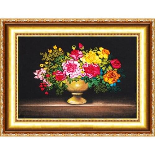 Needlework,DIY Ribbon Cross stitch Sets for Embroidery kit,Red Rose Vase flower ribbon Cross-Stitch handwork wedding kit