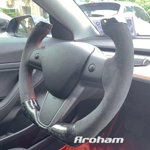 Pilot Shape Forging Carbon Fiber Steering Wheel With Suede For Tesla 3 Tesla Model Y 2017 2018 2019 2020 2021