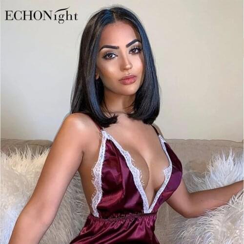 Echonight Sexy Silk Satin Sleepwear Deep-V Sexy Nightwear Sleeveless Backless Jumpsuit Kigurumi for Adults Lace Pajamas