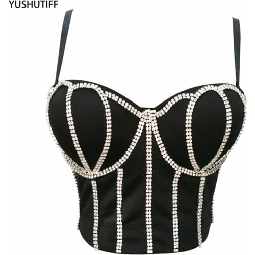Sexy Shiny Rhinestone Women Cropped Top Night Club Party Corset Crop Top Female Push Up Bustier Off ShoulderCamis Built in Bra