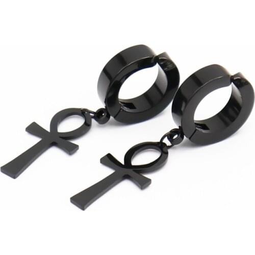 1Pair Eternal Cross Egypt Cleopatra Ankh Earrings for Men Antiqued Black Stainless Steel Clip Earrings Men No Piercing Jewelry