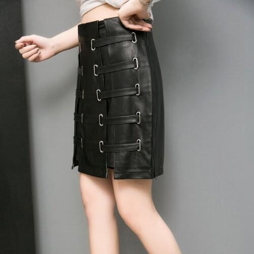2020 New Design Lace Up Real Sheepskin Women Black High Waist Sexy Genuine Leather Skirt Motorcycle Straight Skirts Loose