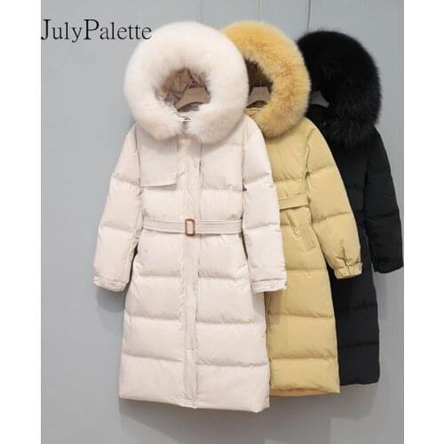 JulyPalette Real Fox Fur Long Down Jacket Women 90% White Duck Down Coat Loose Hooded Thick Parkas Female Overcoat With Belt