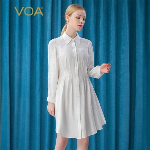 VOA Silk Jacquard 22m/m White Lapel Long-sleeved Single-breasted Hem Split Shirt Dress Dual-use Party Blouse BE327