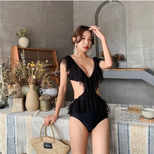 Korean Women Sexy One Piece Deep V-Neck Ruffles Mesh Monokini Polka Dot Sheer Mesh Patchwork Swimsuit High Cut Bathing Suit
