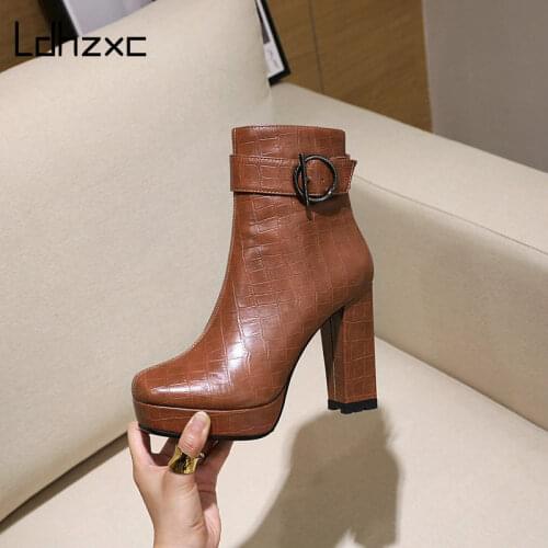 LDHZXC Size 34-43 New Black Brown Boots Women Shoes Zip Platform Autumn Winter Boots Ladies Fashion High Heels Ankle Boots