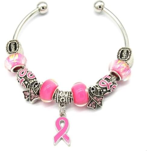 Breast Cancer Awareness Pink Ribbon dangle Pendant Heart Snake Chain Adjustable Charm Bracelet & Bangles Women Mothers Day Gift