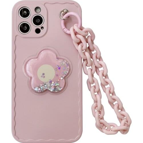 3D Pink Quicksand Flower Flash Frosted Phone Case for iPhone 11 12 XS Pro Max XR X 7 8 PLus SE2020 Chain Wristband Back Cover