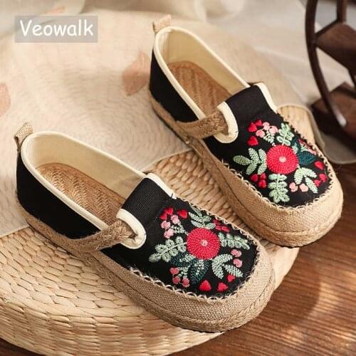 Veowalk Bohemian Style Women Handmade Linen Cotton Loafers Slip On Espadrilles Sneakers Ladies Casual Flat Driving Shoes