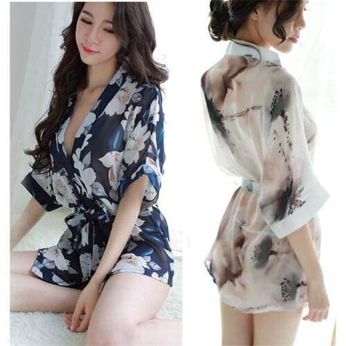 Japanese Style Kimono Dress for Woman Sexy Transparent Yukata Floral Printed Sleepwear Oriental Chiffon Nightgown Bathrobe