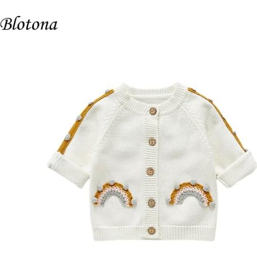 Blotona Cute Baby Boys Girls Knitted Cardigan with Rainbow Pattern, Single-breasted Fur Ball Decoration Outwear 0-3Years