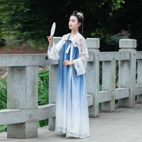 Hanfu Costume Women Elegant Traditional Dresses Chinese Ancient Clothes Folk Dance Performance Costume Blue Hanfu DQL1155