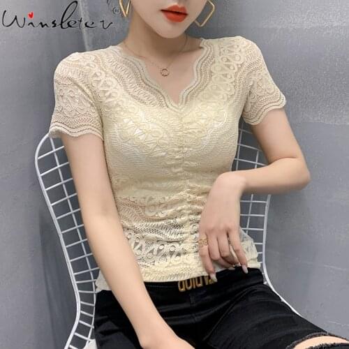 Summer European Style Lace T-Shirt Sexy V-Neck Slim Elegant Women Tops Short Sleeve Bottoming Shirt All Match Tees New T14403A