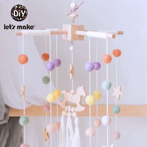LetS Make Baby Mobile Wool Felt Balls Wooden Trojan Baby Shower Nursery Decor Hanging Pom Pom Garland Crib Hanging Bed Bells