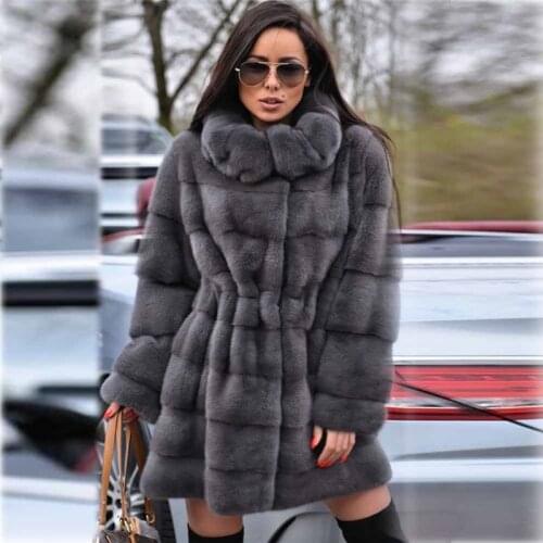 Fashion Grey Real Mink Fur Coats with Turn-down Collar Luxury Woman Genuine Mink Fur Coat Long Winter Fur Overcoats 2021 New