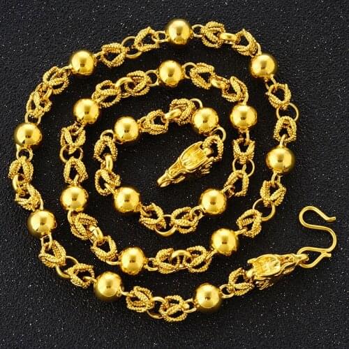 Luxury 24K Gold Dragon Head Solid Beads Chain Necklace for Mens Wedding Engagement Jewelry Exquisite Pure Fine Anniversary Gift