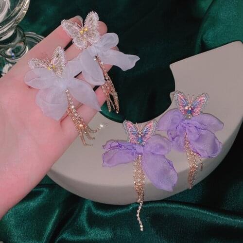 New Korean Sweet Yarn Bowknot Beads Rhinestone Long Drop Earrings For Women Fashion Holiday Party Jewelry Gifts