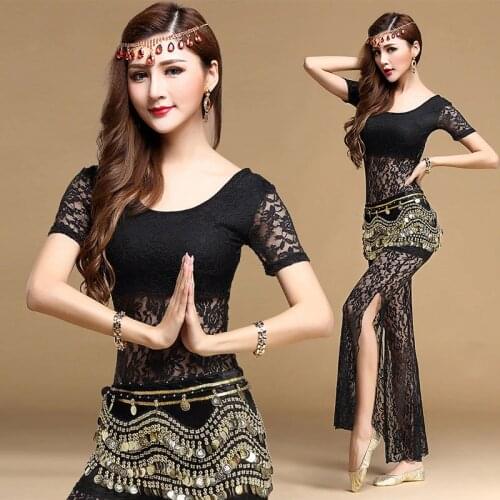 2020 New 3pcs sexy lace Belly Dance Costume Bollywood Costume Indian Dress Womens Belly Dancing Costume Sets Top+Belt+Pants