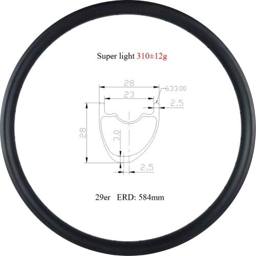 Super Ligth 310g 29er MTB XC 28mm Asymmetric Hookless Tubeless 28mm Deep Carbon Rim Offset 3mm Clincher 29inch Mountain Bike