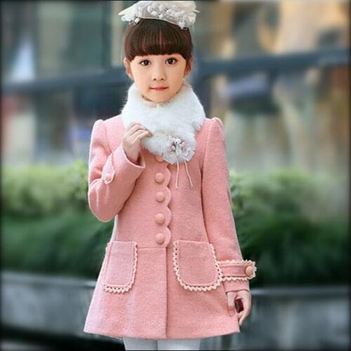 Autumn Girls Cotton Long Woolen Coat Kid Cute Outerwear Clothes Toddler Children Clothes Winter Middle-Length Solid Woolen Coat