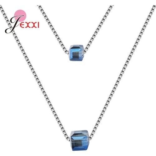 Genuine 925 Sterling Silver Box Chain Necklace For Women Fine Jewelry New Collar With Sparkling Crystal 2 Colors For Choice