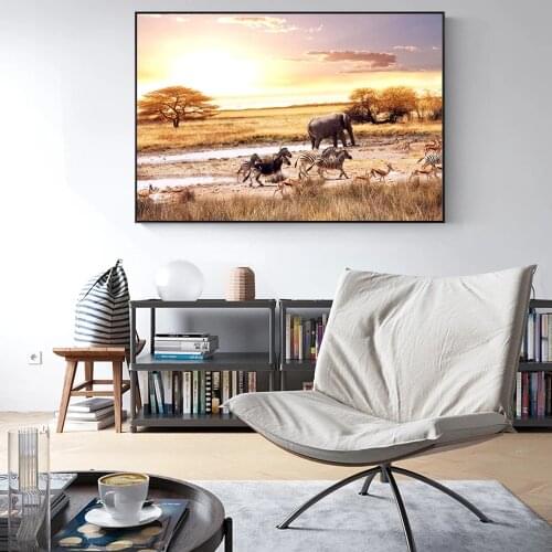 Africa Landscape Wall Posters And Prints Elephant Zebra Canvas Art Wall Paintings Realist Canvas Prints For Living Room Decor