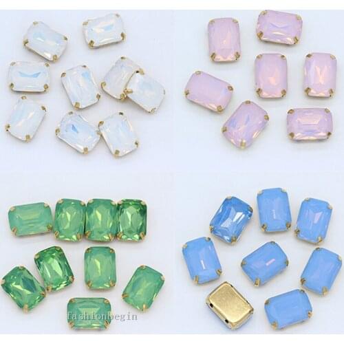 12p Rectangle Opal color Flat back stones Gold plated setting sew on crystal glass rhinestones jewels DIY Garment craft All-size