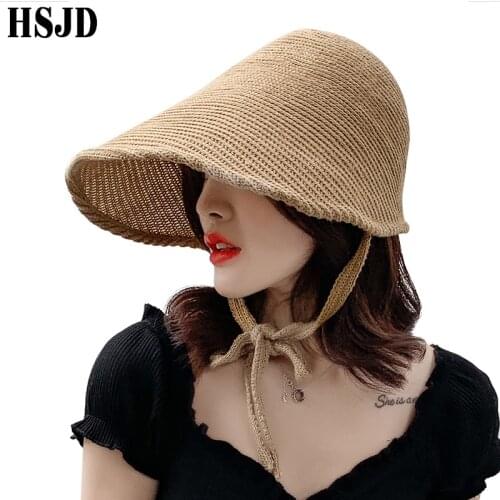 Summer Womens Hat Large Brim Knitted Hollow Out Sun Visor Cap Anti-UV Beach Hat Solid Color Foldable Sun Hats Women Summer Caps