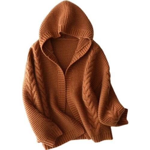 SHUCAHN 30% Cashmere 70% Wool Thick Cardigan Sweater Hooded Winter Solid Open Stitch Loose-fitting Warm Cute Sweater Women