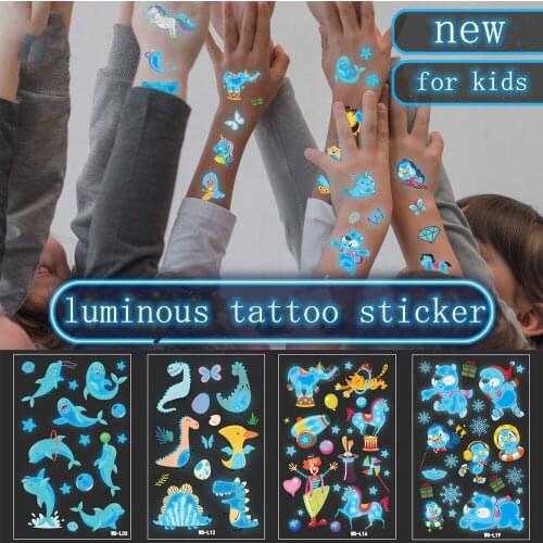 Blue Luminous Temporary Tattoo Sticker Childrens Cute Dinosaur Unicorn Mermaid Cartoon Glow Paste on Face Arm Leg for Body Art