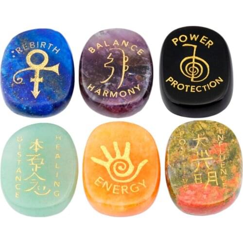 TUMBEELLUWA 1Lot (6Pc) Healing Crystal Engraved Usui Reiki Balancing Symbols Chakra Palm Stone with Velvet Bag