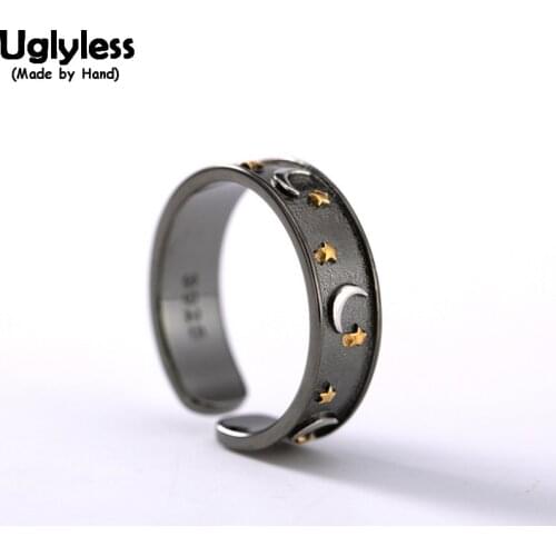 Uglyless Novel Anti-fade Black Silver Rings for Women Embossed Moons Stars Open Rings Solid 925 Silver Girls Students Jewelry