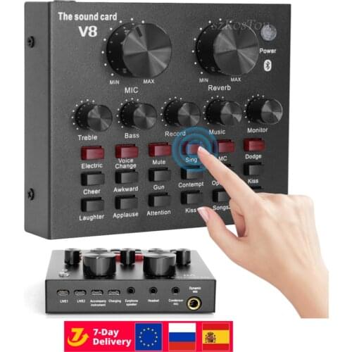 V8 Sound Card DJ Studio Audio Interface Mixing Console Recording Headphone Microphone Amplifier Sound Mixer 48V Phantom Power