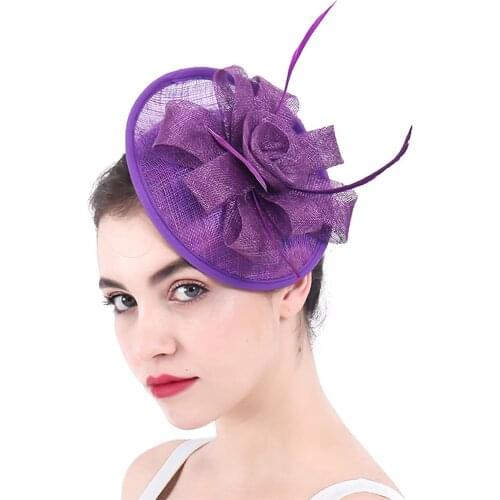 Purple Sinamay Headbands Accessories Fascinator Hoops Derby Cocktail Hat Women Bridal Hair Headpiece Feather Fancy Fedora Caps