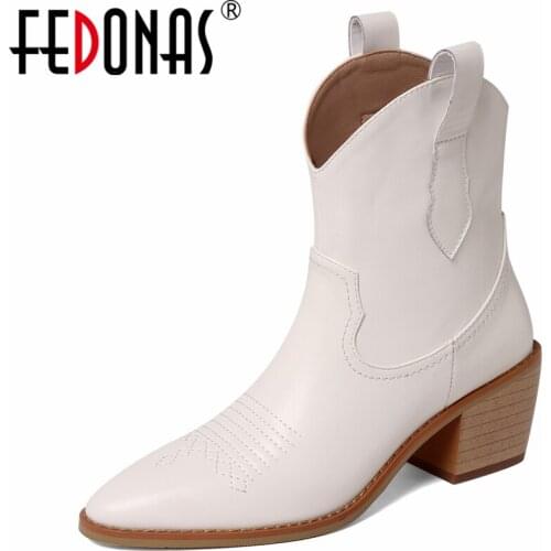 FEDONAS Pointed Toe Women Western Ankle Boots Autumn Winter Fashion Cool Embroider Full Genuine Leather Thick Heels Shoes Woman