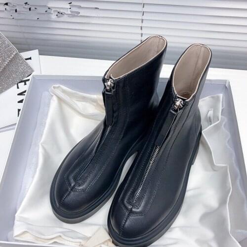 Women Chunky Platform Black Boots Genuine Leather Ankle Boots Luxury Brand Punk Women Short Boots Front Zip Fashion Women Shoes