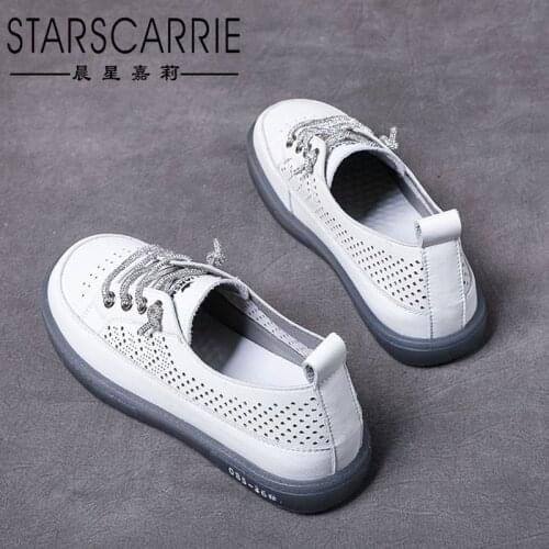 Dongdong shoes womens leather soft sole flat bottom comfortable round head hollow out Lefu shoes breathable summer lazy shoes