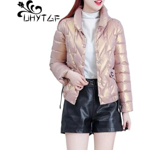 UHYTGF Womens Parkas Coat Padded Jacket Short Outerwear Thin Winter Clothes Woman Jacket Single-breasted Tops Kobieta Kurtka 907