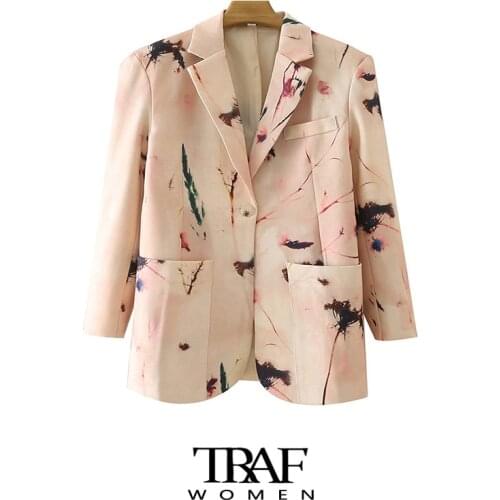TRAF Za Women Fashion Single Button Printed Blazer Coat Vintage Long Sleeve Pockets Female Outerwear Chic Veste