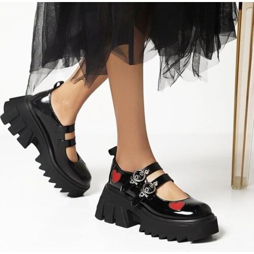 Womens Lolita Belt Buckle Heart Patent Leather Gothic Punk Pumps Shoes Platform Chunky High Heel Creepers Japanese Harajuku New