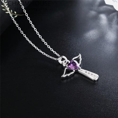 Charmhouse 925 Sterling Silver Necklaces For Women Angel Wing Cross Pendant & Necklace with Zirconia Wedding Bridal Jewelry