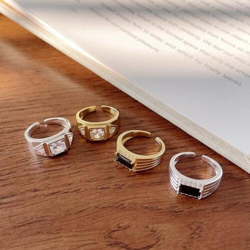 Silvology 925 Sterling Silver Black White Square Zircon Rings for Women Rectangle Bright Luxury Wedding Ring Anniversary Jewelry